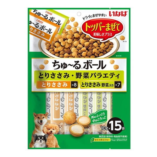 <a href="https://www.qoo10.jp/gmkt.inc/Search/brand.aspx?brandno=77771" target="_blank" class="title_brand" id="btn_brand" title="いなばペットフード">いなばペットフード</a>ちゅ～るボール 15袋入り とりささみ・野菜バラエティ