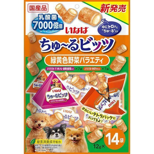 <a href="https://www.qoo10.jp/gmkt.inc/Search/brand.aspx?brandno=77771" target="_blank" class="title_brand" id="btn_brand" title="いなばペットフード">いなばペットフード</a>いなば ちゅ～るビッツ 14袋入り 緑黄色野菜バラエティ