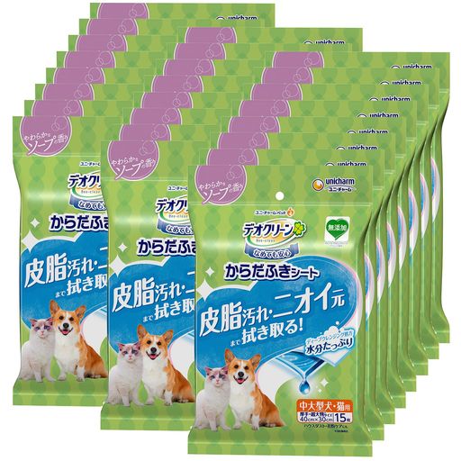 <a href="https://www.qoo10.jp/gmkt.inc/Search/brand.aspx?brandno=124384" target="_blank" class="title_brand" id="btn_brand" title="デオクリーン">デオクリーン</a>デオクリーン からだふきシート 中型犬 香り付き 15枚×24個セット