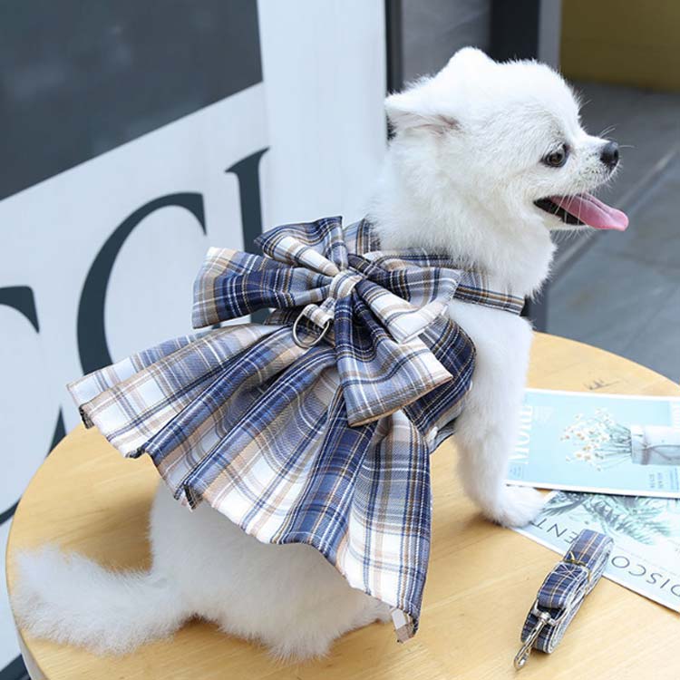 おしゃれなjk制服風ハーネスとリードセット！ハーネス リード セット チェック柄 ワンピース 犬 ハーネスリード 小型犬 中型犬 ウェアハーネス 胸背 ペットウェア 犬用 介護用 首輪 かわいい 胴輪
