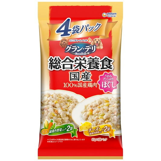 <a href="https://www.qoo10.jp/gmkt.inc/Search/brand.aspx?brandno=18151" target="_blank" class="title_brand" id="btn_brand" title="ユニ・チャーム">ユニ・チャーム</a>グランデリ 総合栄養食国産パウチ ほぐし成犬用野菜チーズ 65g4袋