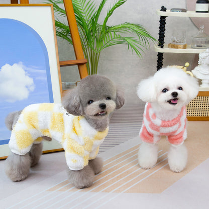 人気犬の服ペットの服小型犬や猫が秋と冬に着用することができます暖かく快適なトリコロールの4脚フリースジャケット
