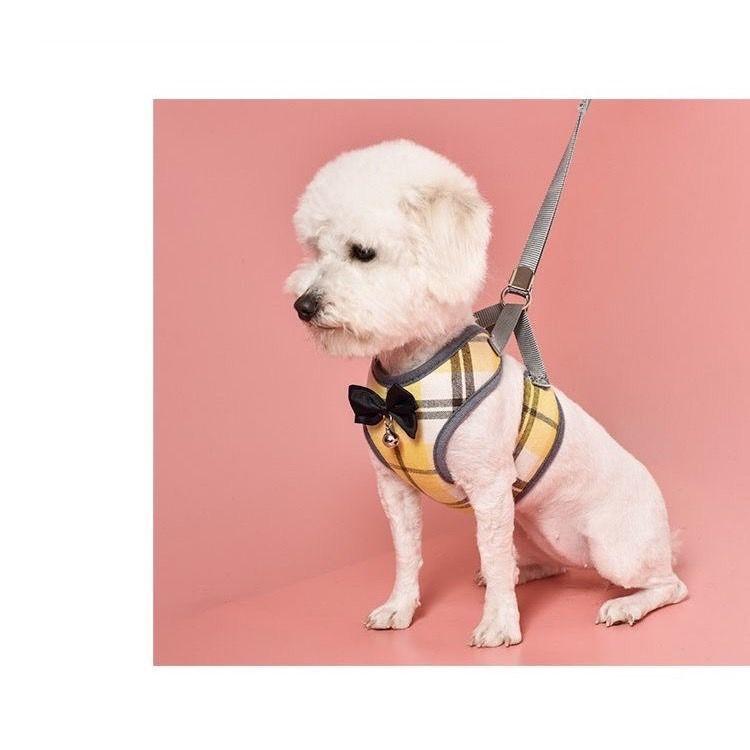 ハーネス リード ２点セット 犬用 猫用 小型犬 ペットウェア ドッグウェア ペット用品 メッシュ ベスト チェック リボン 蝶ネクタイ 鈴 お出かけ
