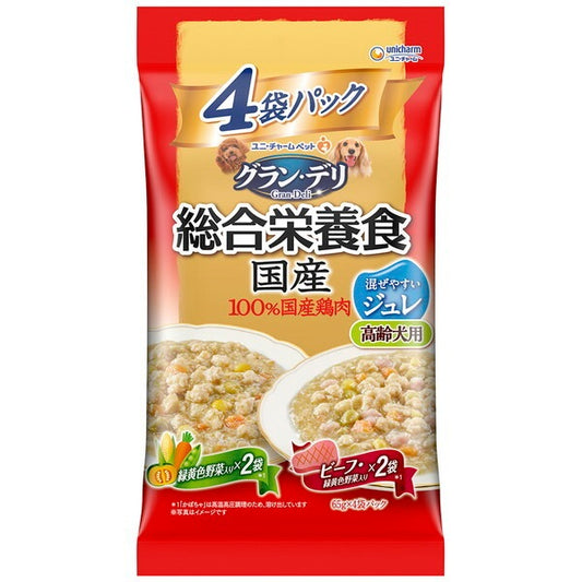 <a href="https://www.qoo10.jp/gmkt.inc/Search/brand.aspx?brandno=18151" target="_blank" class="title_brand" id="btn_brand" title="ユニ・チャーム">ユニ・チャーム</a>グランデリ 総合栄養食国産パウチ ジュレ高齢犬用 緑黄色野菜入りビーフ入り 65g4袋