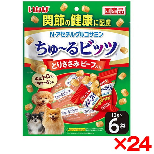 <a href="https://www.qoo10.jp/gmkt.inc/Search/brand.aspx?brandno=77771" target="_blank" class="title_brand" id="btn_brand" title="いなばペットフード">いなばペットフード</a>24個セット ちゅ～るビッツ 関節の健康に配慮 とりささみ ビーフ入り 12g×6袋