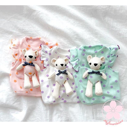 新入庫 犬服　ペット服　猫服　犬用洋服ドッグウェア猫服 ドット柄春夏秋冬使える可愛いお熊さん付き取り外せるおもちゃとしても使える