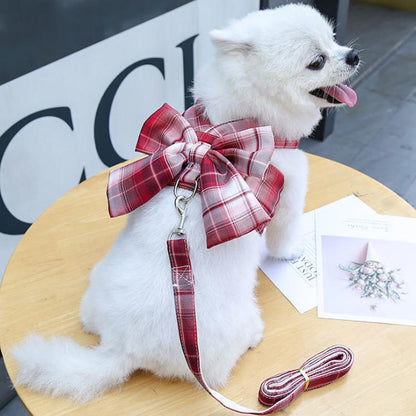 リボンワンピーススタイルがオシャレなハーネスとリードセット！2点セット チェックワンピース 犬 ハーネスリード 小型犬 中型犬 ステップハーネス ウェアハーネス 胸背 ペットウェア 犬用 介護用 首輪