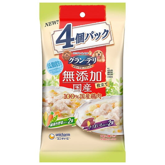 <a href="https://www.qoo10.jp/gmkt.inc/Search/brand.aspx?brandno=18151" target="_blank" class="title_brand" id="btn_brand" title="ユニ・チャーム">ユニ・チャーム</a>グランデリ 無添加仕立て 国産パウチ 成犬用 緑黄色野菜入りさつまいも入り 70g4個