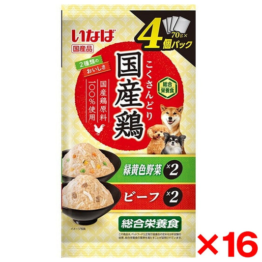 <a href="https://www.qoo10.jp/gmkt.inc/Search/brand.aspx?brandno=77771" target="_blank" class="title_brand" id="btn_brand" title="いなばペットフード">いなばペットフード</a>16個セット 国産鶏 緑黄色野菜ビーフバラエティ 70g×4袋