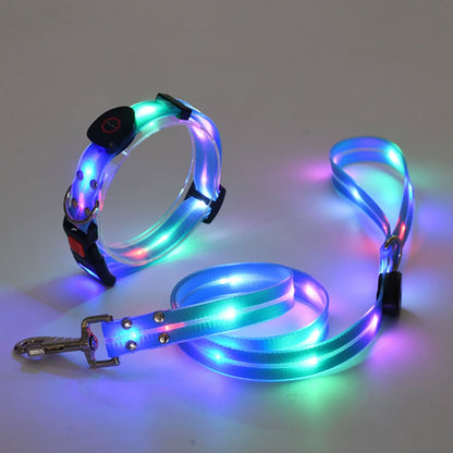【送料無料】犬 リードセット 光る ペット用 首輪 リード LED光るリード 光る首輪 光るリード　USB充電式 サイズ調整可能 リード長さ120cm 夜間散歩 柔らかい 無臭 夜散歩ライト 軽量 対