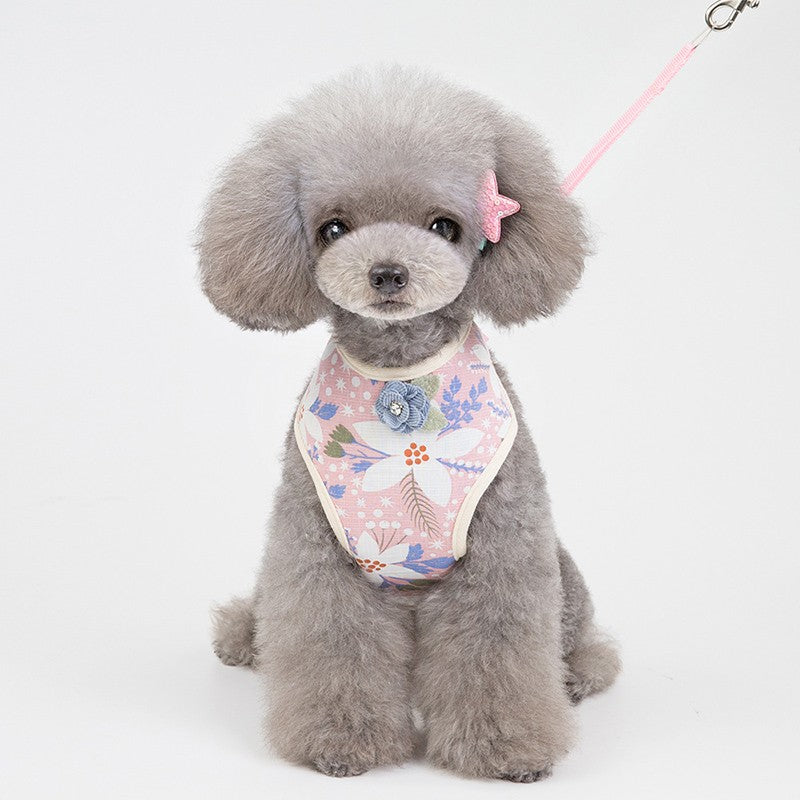 キャット ハーネス 犬 メッシュ リード付 ドッグ リボン ラインストーン コサージュ 胴輪 フラワー ウェアハーネス ペット