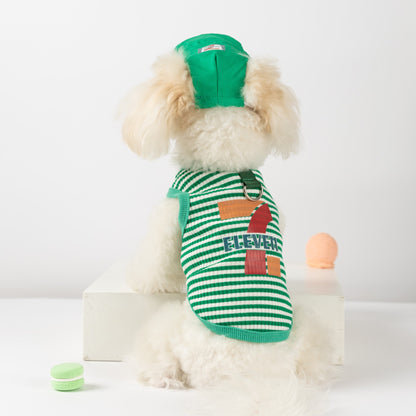 犬 洋服 春夏犬服ボーダーベスト帽子リードスリング小型犬猫ペット服