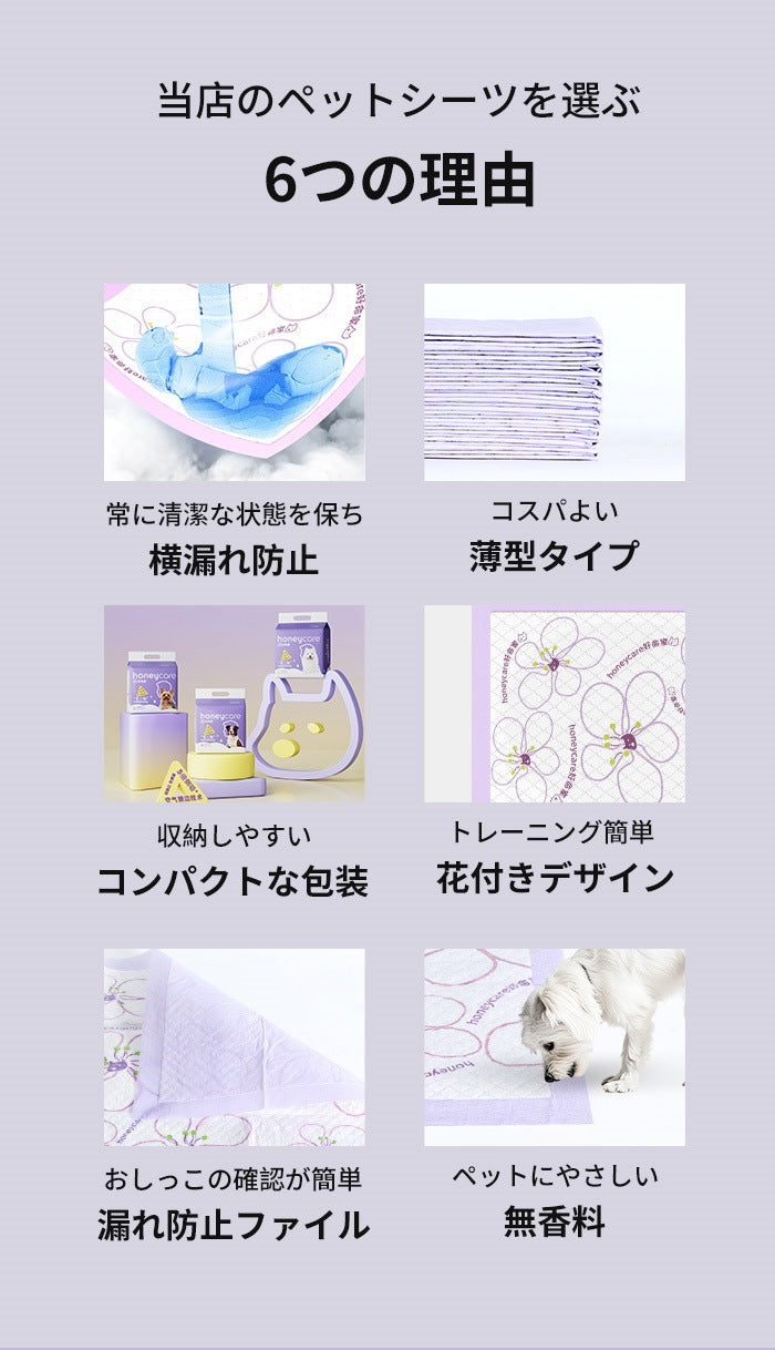 <a href="https://www.qoo10.jp/gmkt.inc/Search/brand.aspx?brandno=109151" target="_blank" class="title_brand" id="btn_brand" title="Honeycare">Honeycare</a>ペットシーツ 薄型 うす型 横漏れ防止 ペットシート犬猫 サイズ選択可 レギュラー400枚 ワイド200枚 スーパーワイド100枚