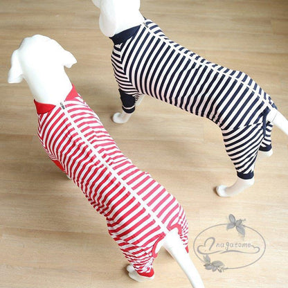 工ガ割-大型犬向け 犬服 ドッグウェア つなぎ カバーオール 背面ジッパータイプ ボーダーロンパース つなぎ パジャマ 抜け毛防止 部屋着 ペット服