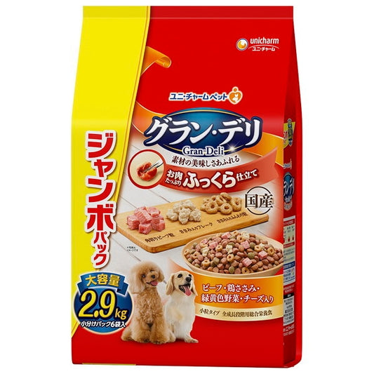 <a href="https://www.qoo10.jp/gmkt.inc/Search/brand.aspx?brandno=18151" target="_blank" class="title_brand" id="btn_brand" title="ユニ・チャーム">ユニ・チャーム</a>グランデリ ふっくら仕立て ビーフ鶏ささみ緑黄色野菜チーズ角切りビーフ粒入り ジャンボパック 2.9kg
