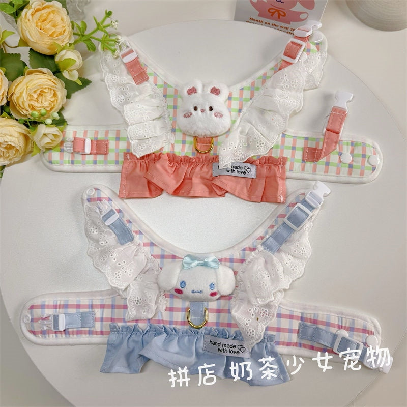 メガ割かわいいウサギ猫胸ストラップカラー格子犬牽引ロープ少女心ペット外出ロープ