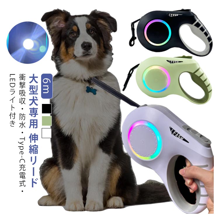 大型犬 伸縮リード 6m LED ライト付き 雰囲気ライト USB 充電式 犬 リード 伸縮 光る 犬用 中型犬 小型犬 ドッグリード タッチパネル ワンタッチ Type-C 充電 大容量電池 長時間