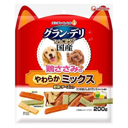 <a href="https://www.qoo10.jp/gmkt.inc/Search/brand.aspx?brandno=18151" target="_blank" class="title_brand" id="btn_brand" title="ユニ・チャーム">ユニ・チャーム</a>グラン・デリ きょうのごほうび 鶏ささみのやわらかミックス 野菜・チーズ入り 200g