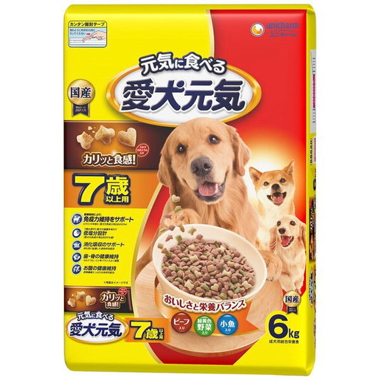 <a href="https://www.qoo10.jp/gmkt.inc/Search/brand.aspx?brandno=18151" target="_blank" class="title_brand" id="btn_brand" title="ユニ・チャーム">ユニ・チャーム</a>愛犬元気 7歳以上用ビーフ緑黄色野菜小魚入り 6kg