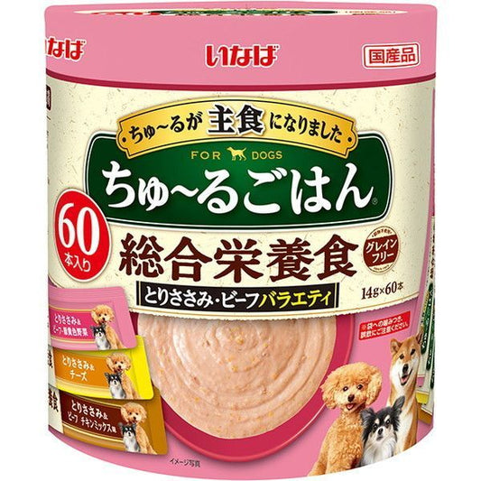 <a href="https://www.qoo10.jp/gmkt.inc/Search/brand.aspx?brandno=77771" target="_blank" class="title_brand" id="btn_brand" title="いなばペットフード">いなばペットフード</a>いなば ちゅ～るごはん 60本 とりささみビーフバラエティ