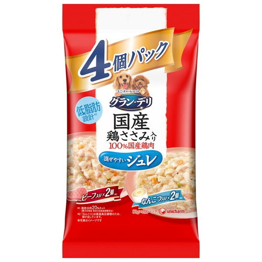 <a href="https://www.qoo10.jp/gmkt.inc/Search/brand.aspx?brandno=18151" target="_blank" class="title_brand" id="btn_brand" title="ユニ・チャーム">ユニ・チャーム</a>グランデリ 国産鶏ささみパウチ ジュレ 成犬用4個パック ビーフなんこつ 80g4個