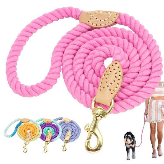 犬 リード ロープ 手作り ハンドメイド 自然素材 低アレルギー性 天然コットン 綿 本革 リアルレザー ゴールド 丈夫 かわいい おしゃれ 小型犬 中型犬 大型犬