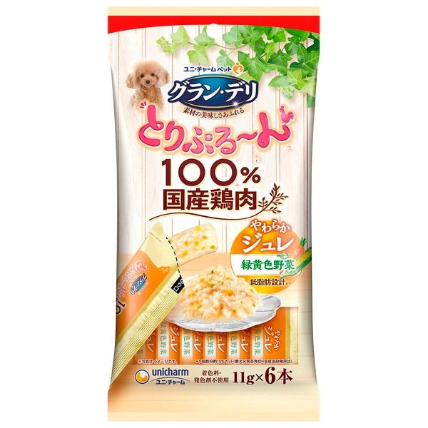 <a href="https://www.qoo10.jp/gmkt.inc/Search/brand.aspx?brandno=18151" target="_blank" class="title_brand" id="btn_brand" title="ユニ・チャーム">ユニ・チャーム</a>グランデリ とりぷるん ジュレ 緑黄色野菜 11g6本