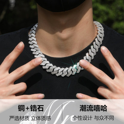 个性嘻哈20mm翻盖扣项链男古巴镶双排锆石时尚霸气轻奢潮牌项链