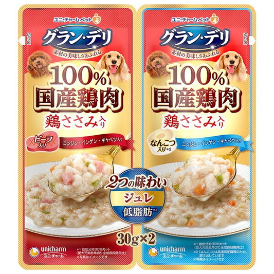 <a href="https://www.qoo10.jp/gmkt.inc/Search/brand.aspx?brandno=18151" target="_blank" class="title_brand" id="btn_brand" title="ユニ・チャーム">ユニ・チャーム</a>グランデリ パウチ 2つの味わい成犬用ジュレ ビーフ&なんこつ 30g2