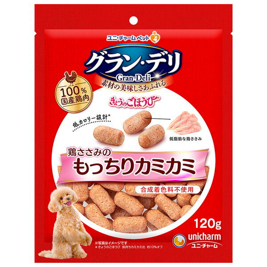 <a href="https://www.qoo10.jp/gmkt.inc/Search/brand.aspx?brandno=18151" target="_blank" class="title_brand" id="btn_brand" title="ユニ・チャーム">ユニ・チャーム</a>グランデリ きょうのごほうび 鶏ささみのもっちりカミカミ 120g