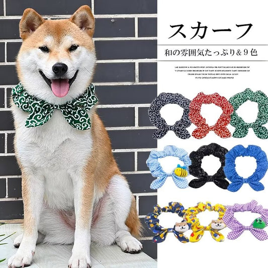 人気商品 ペットグッズ 犬 唐草模様 アクセサリー リボン風 首に通すだけの手軽しゃれ！犬猫兼用 スカーフ 首輪 犬用 猫用 小型犬 中型犬 和柄 ネック バンダナ 風呂敷首巻 かわいい ペットグッズ