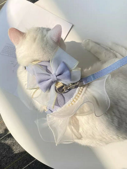 タイムセール 散歩出かけなどに大活躍！猫用 犬用 パールリボン レース パール ハーネス リード付き 可愛い ひらひら オーガンジーレース 切替 蝶結び リボン ワンピース 小型犬散歩出かけなどに