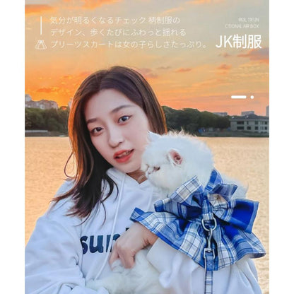 新商品プロモーション，数量限定 犬猫用胸当て＆ハーネス＆リードセット ペット胸当てリード 犬猫用品 ペットグッズ 犬猫リード 胴輪 引きひも チェック柄JK制服 通気性 抜け犬猫用胸当て＆ハーネス