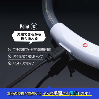 首輪 光る 光る首輪 USB充電式 ペット 猫 LED ライト リード 光 点灯 点滅 蛍光 小型犬 中型犬 大型犬 夜 散歩 安全 事故防止 安全グッズ ペット用品 ドッググッズ 犬用品 便利 簡単
