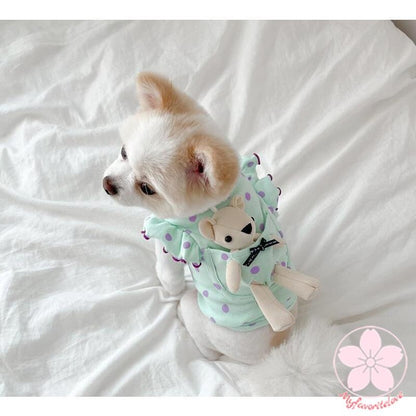 新入庫 犬服　ペット服　猫服　犬用洋服ドッグウェア猫服 ドット柄春夏秋冬使える可愛いお熊さん付き取り外せるおもちゃとしても使える