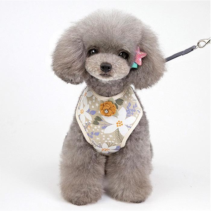 キャット ハーネス 犬 メッシュ リード付 ドッグ リボン ラインストーン コサージュ 胴輪 フラワー ウェアハーネス ペット