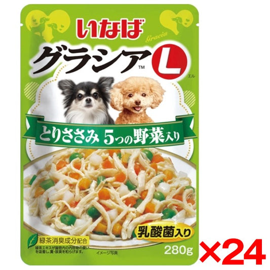 <a href="https://www.qoo10.jp/gmkt.inc/Search/brand.aspx?brandno=77771" target="_blank" class="title_brand" id="btn_brand" title="いなばペットフード">いなばペットフード</a>【24個セット】 グラシアL とりささみ 5つの野菜入り 280g