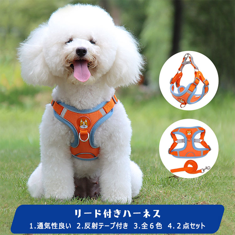 小型犬用 ベスト型ハーネス＆リード２点セット 小型犬ハーネス 首の負担軽減 胸や腹部に優しい