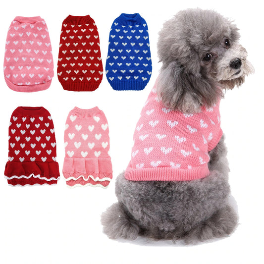 人気 可愛い ペット服 秋冬暖かいレッドピンクハート犬の服セータースカート休日クリスマス新年ペット服