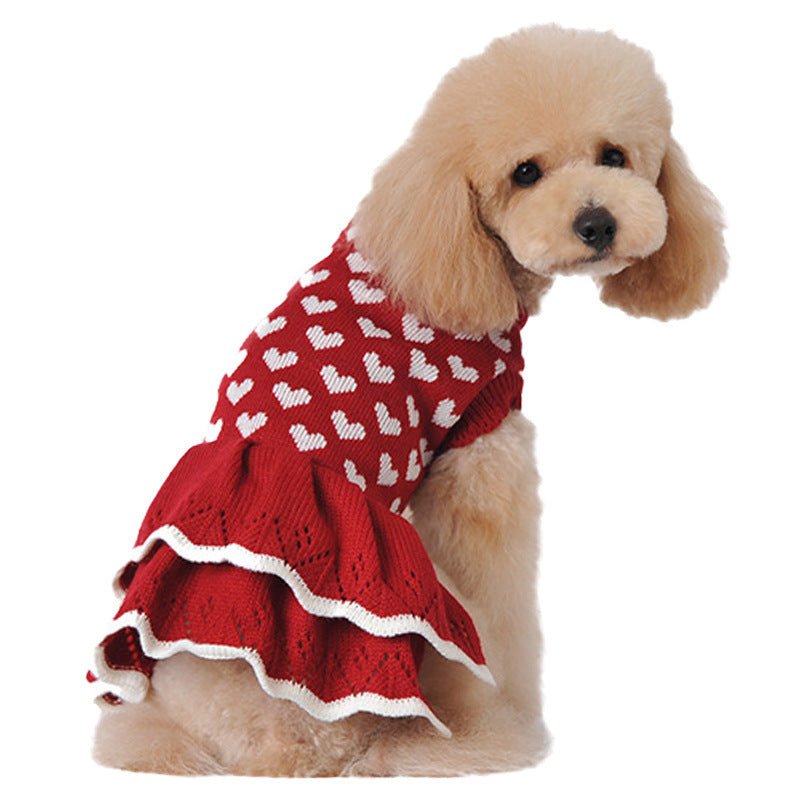 人気 可愛い ペット服 秋冬暖かいレッドピンクハート犬の服セータースカート休日クリスマス新年ペット服