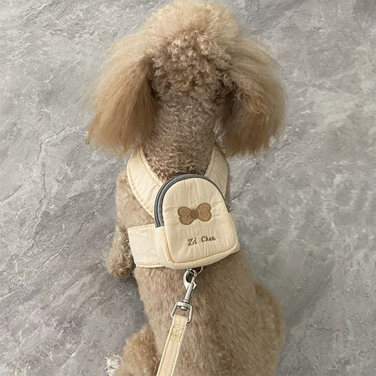 かわいいペットの犬はバックパックから散歩に出かけます