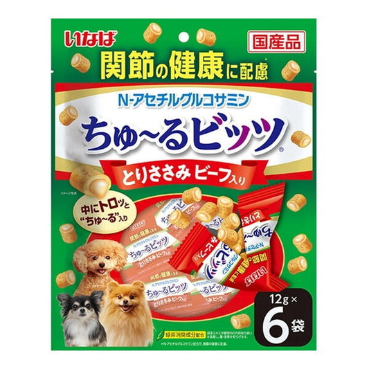 <a href="https://www.qoo10.jp/gmkt.inc/Search/brand.aspx?brandno=77771" target="_blank" class="title_brand" id="btn_brand" title="いなばペットフード">いなばペットフード</a>ちゅ～るビッツ 関節の健康に配慮 とりささみ ビーフ入り 12g×6袋