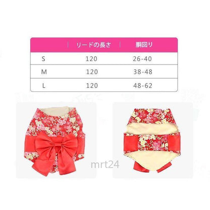 ドッグウェア 犬服 リード付き 着物風 和服風 和風 花柄 桜 薔薇 蝶 チョウ リボン帯 レトロ