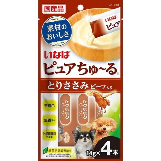 <a href="https://www.qoo10.jp/gmkt.inc/Search/brand.aspx?brandno=77771" target="_blank" class="title_brand" id="btn_brand" title="いなばペットフード">いなばペットフード</a>ピュアちゅ～る 4本入り とりささみ ビーフ入り
