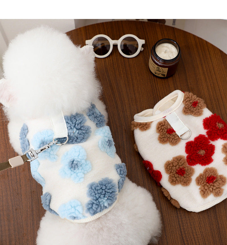 防寒着 人気犬の服ペットベスト冬暖かい綿の服立体花フリースコートノースリーブ