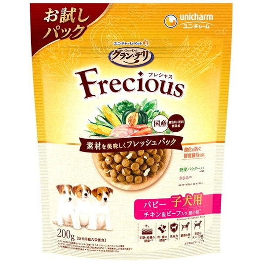 <a href="https://www.qoo10.jp/gmkt.inc/Search/brand.aspx?brandno=18151" target="_blank" class="title_brand" id="btn_brand" title="ユニ・チャーム">ユニ・チャーム</a>グランデリ フレシャス パピー子犬用 チキン&ビーフ入り 200g