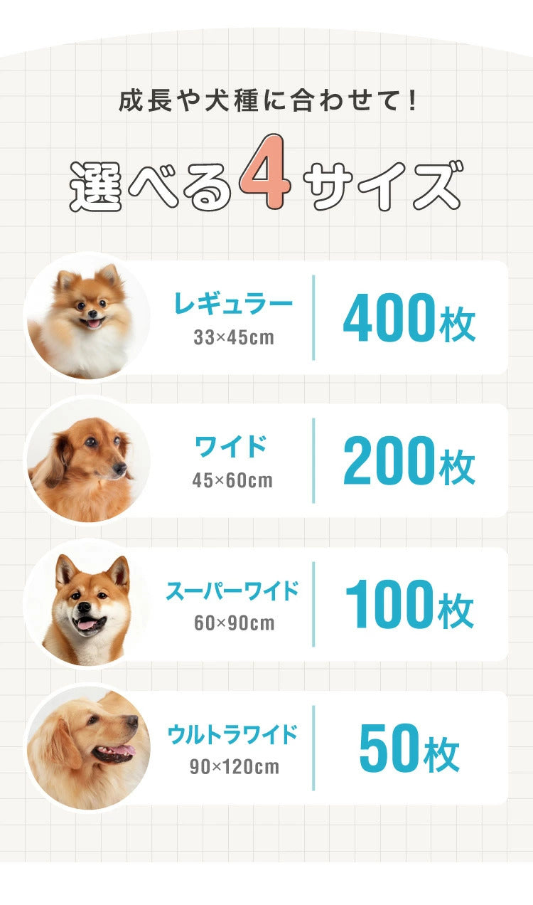 <a href="https://www.qoo10.jp/gmkt.inc/Search/brand.aspx?brandno=134820" target="_blank" class="title_brand" id="btn_brand" title="リコメン堂">リコメン堂</a>ペットシーツ 厚型 レギュラー 400枚 ワイド 200枚 スーパーワイド 100枚 ウルトラワイド 50枚 ホワイト 白 大容量 超吸収 抗菌 消臭 トイレシート トイレシーツ ペットシート