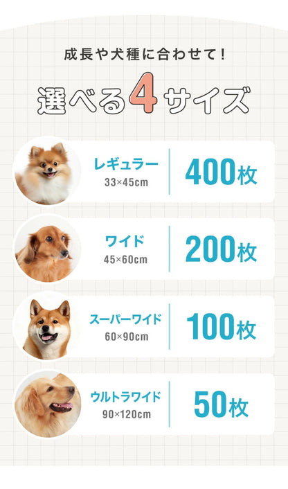 <a href="https://www.qoo10.jp/gmkt.inc/Search/brand.aspx?brandno=134820" target="_blank" class="title_brand" id="btn_brand" title="リコメン堂">リコメン堂</a>ペットシーツ 厚型 レギュラー 400枚 ワイド 200枚 スーパーワイド 100枚 ウルトラワイド 50枚 ホワイト 白 大容量 超吸収 抗菌 消臭 トイレシート トイレシーツ ペットシート