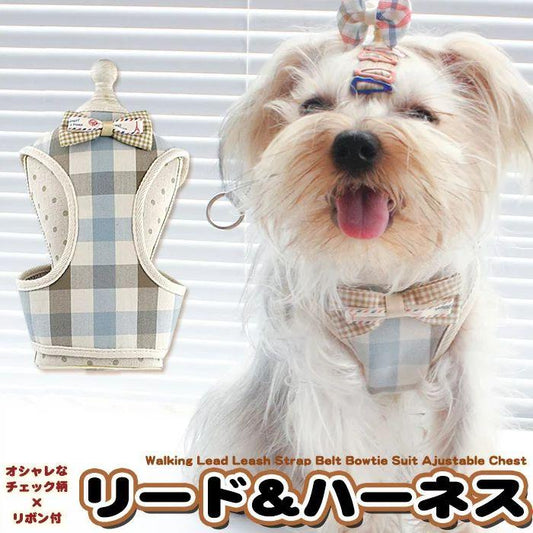 新商品プロモーション，数量限定 犬 猫 ハーネス リード付 ペット 服 リボン チェック 胴輪 キャット ドッグ メッシュ犬 猫