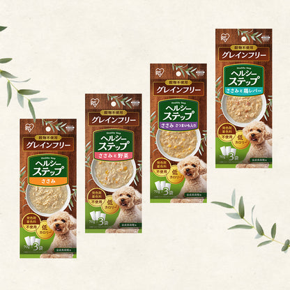 <a href="https://www.qoo10.jp/gmkt.inc/Search/brand.aspx?brandno=49458" target="_blank" class="title_brand" id="btn_brand" title="アイリスオーヤマ">アイリスオーヤマ</a>【公式】ドッグフード 犬 ウェットフード 108P パウチ 総合栄養食 グレインフリー まとめ買い 大容量 ささみ さつまいも 低カロリー ヘルシーステップ *